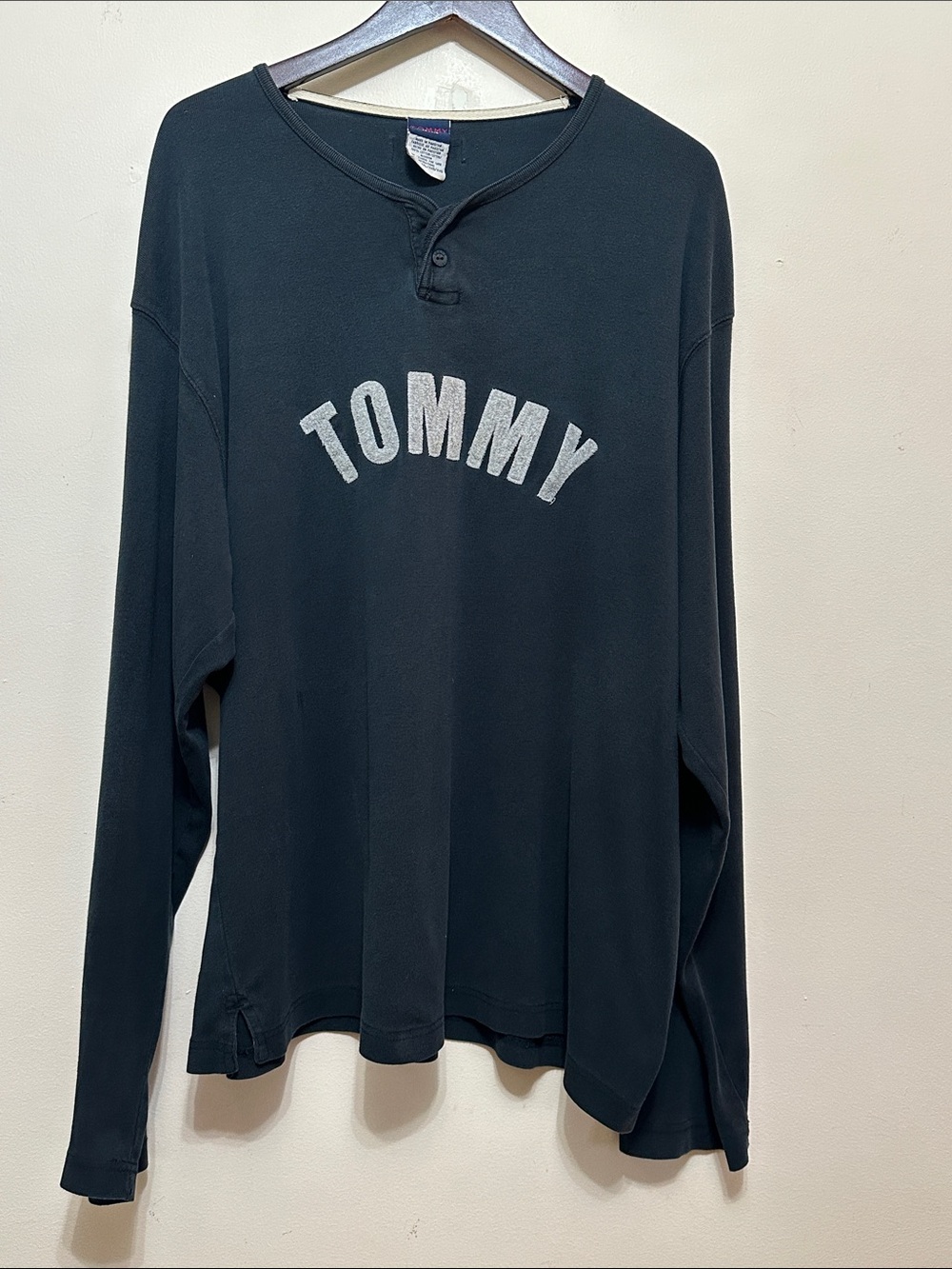 Tommy Hilfiger Black Long Sleeve Henley with Red Tommy Logo